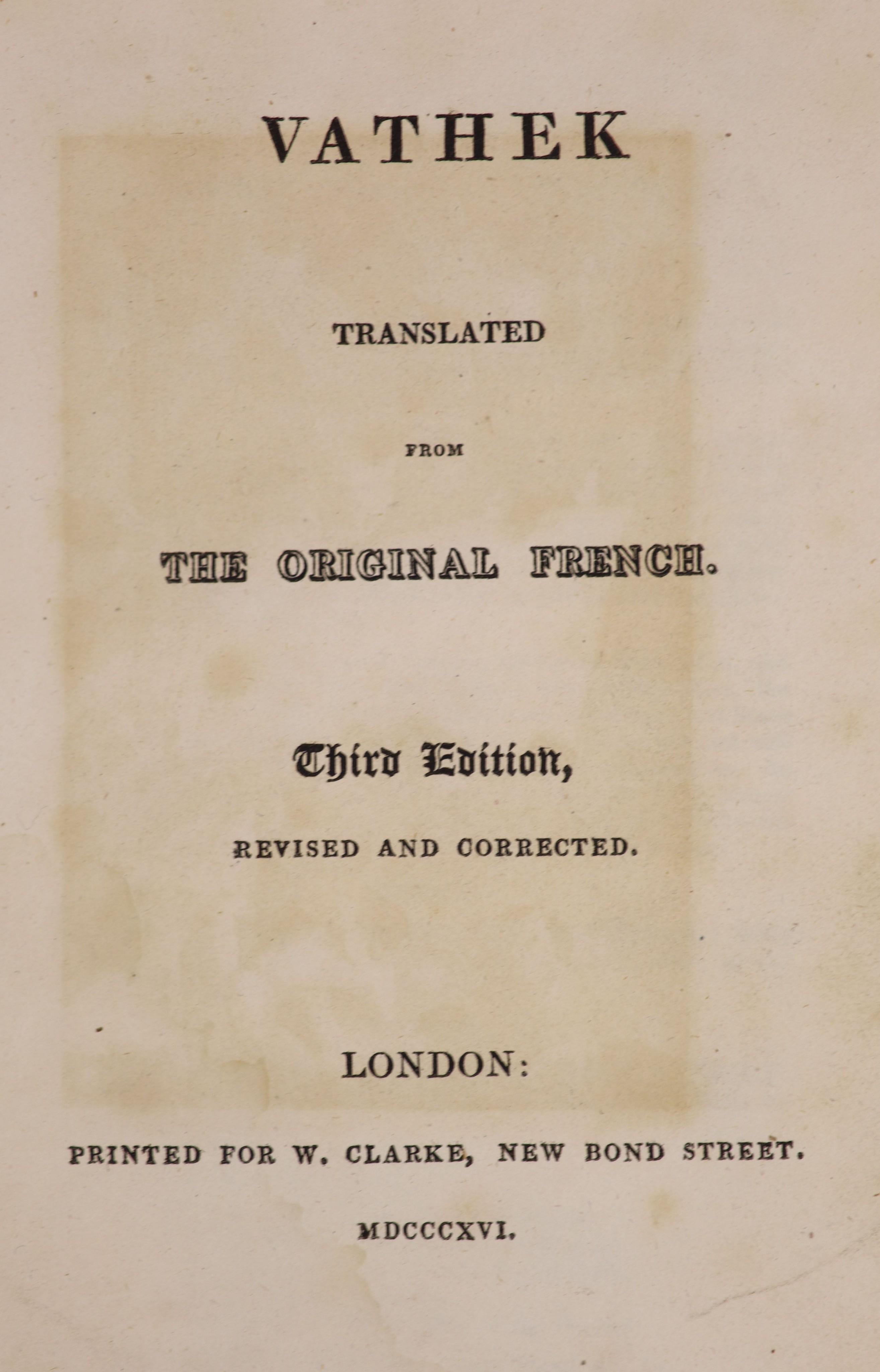 Beckford, William - Vathek. Translated from the original French. 3rd edition, revised and corrected. Complete with frontis engraving. Heavily blind tooled, diced calf with panelled and decorated spine and two morocco lab
